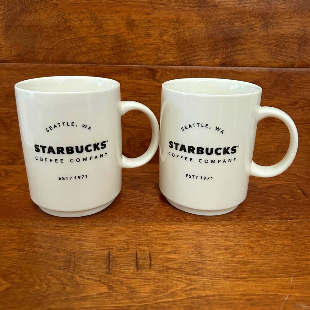 STARBUCKS Seattle WA Est 1971 Classic White Coffee Mug Cup 14 oz Pair Set of 2